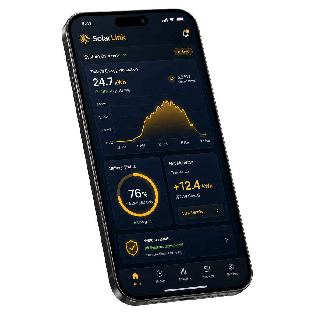 SolarLink mobile app showing energy monitoring dashboard